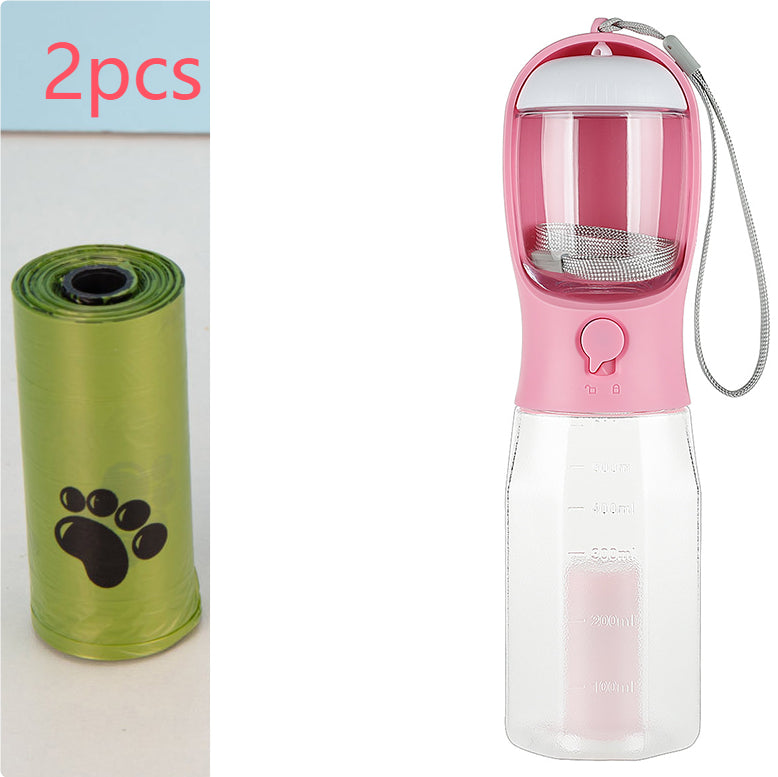 3-in-1 Portable Pet Water Bottle – Dog & Cat Travel Feeder with Poop Bag Dispenser