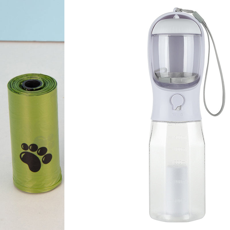 3-in-1 Portable Pet Water Bottle – Dog & Cat Travel Feeder with Poop Bag Dispenser