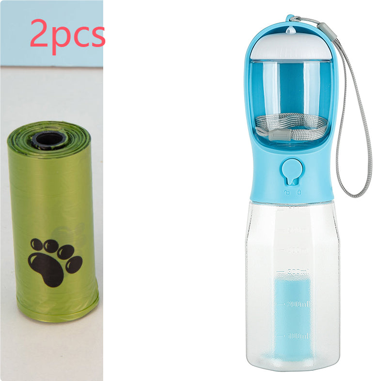 3-in-1 Portable Pet Water Bottle – Dog & Cat Travel Feeder with Poop Bag Dispenser