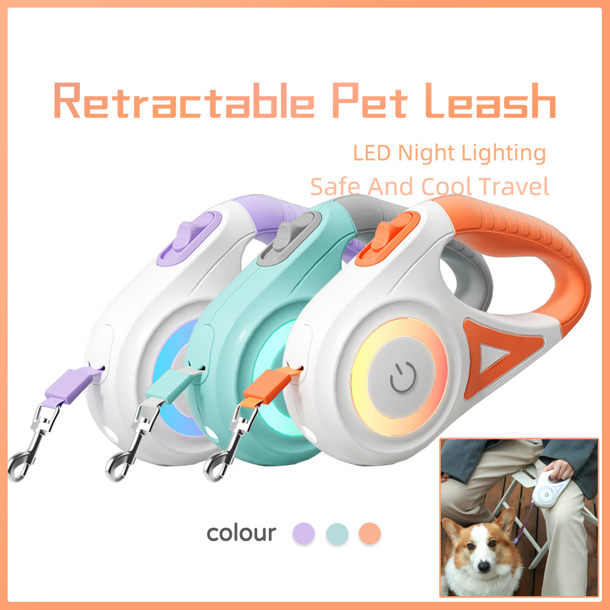 Retractable Dog Leash with LED Light – Automatic Pet Traction Rope & Spotlight Collar