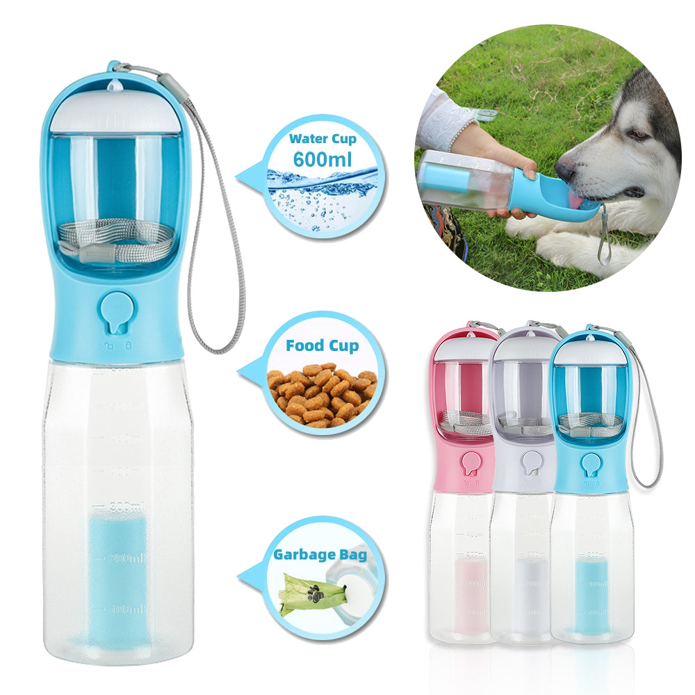 3-in-1 Portable Pet Water Bottle – Dog & Cat Travel Feeder with Poop Bag Dispenser