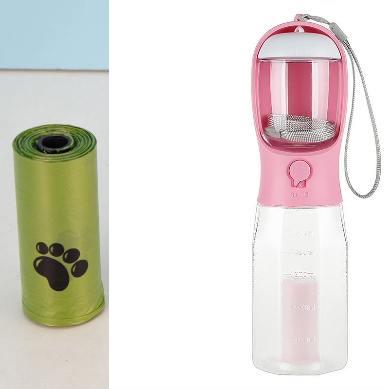 3-in-1 Portable Pet Water Bottle – Dog & Cat Travel Feeder with Poop Bag Dispenser