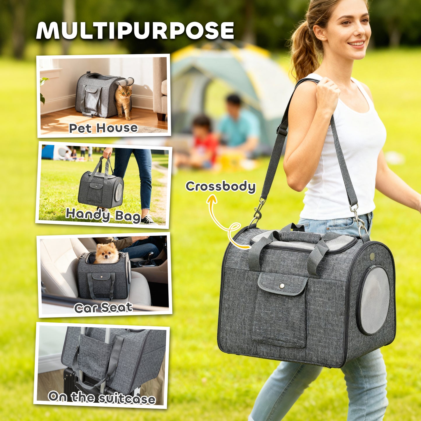 Portable Foldable Cat Carrier Bag with Shoulder Strap & Soft Cushion (Up to 10kg Pets)