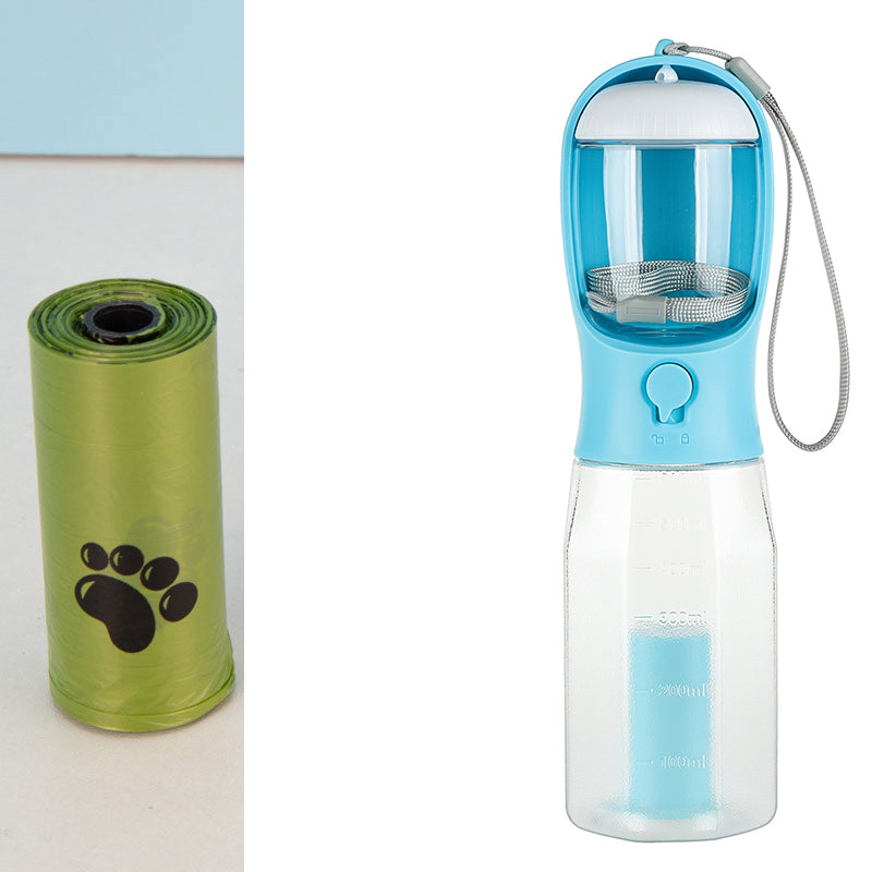 3-in-1 Portable Pet Water Bottle – Dog & Cat Travel Feeder with Poop Bag Dispenser