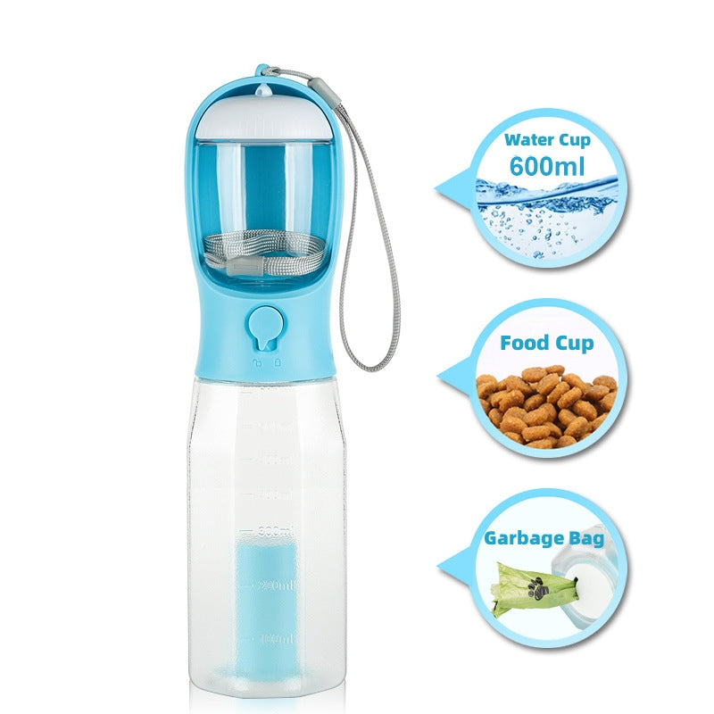 3-in-1 Portable Pet Water Bottle – Dog & Cat Travel Feeder with Poop Bag Dispenser