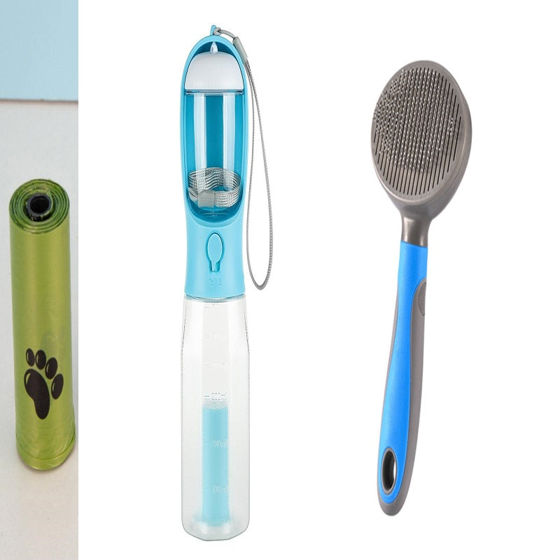3-in-1 Portable Pet Water Bottle – Dog & Cat Travel Feeder with Poop Bag Dispenser
